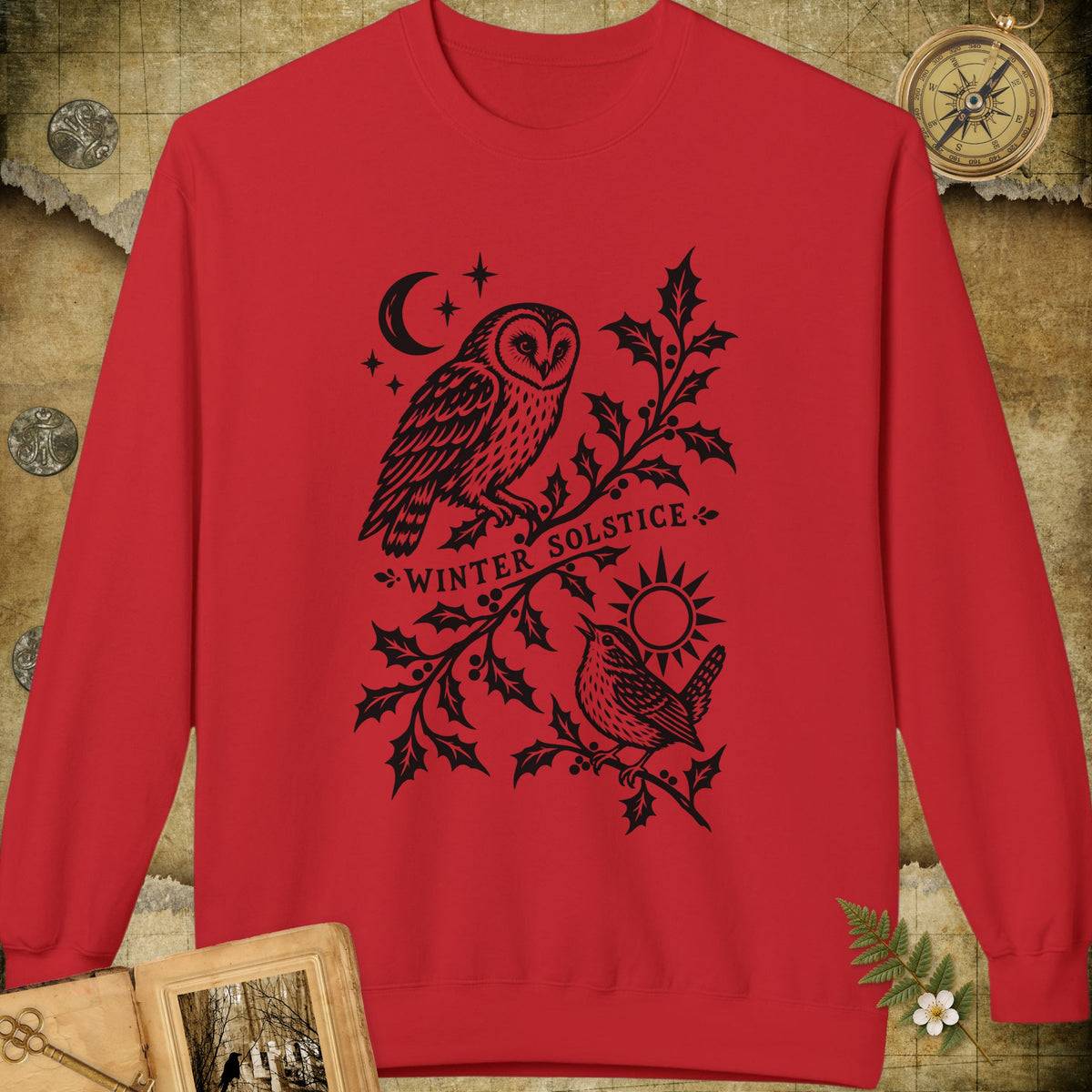 Winter Solstice Holly Linocut Emblem Sweatshirt - Red