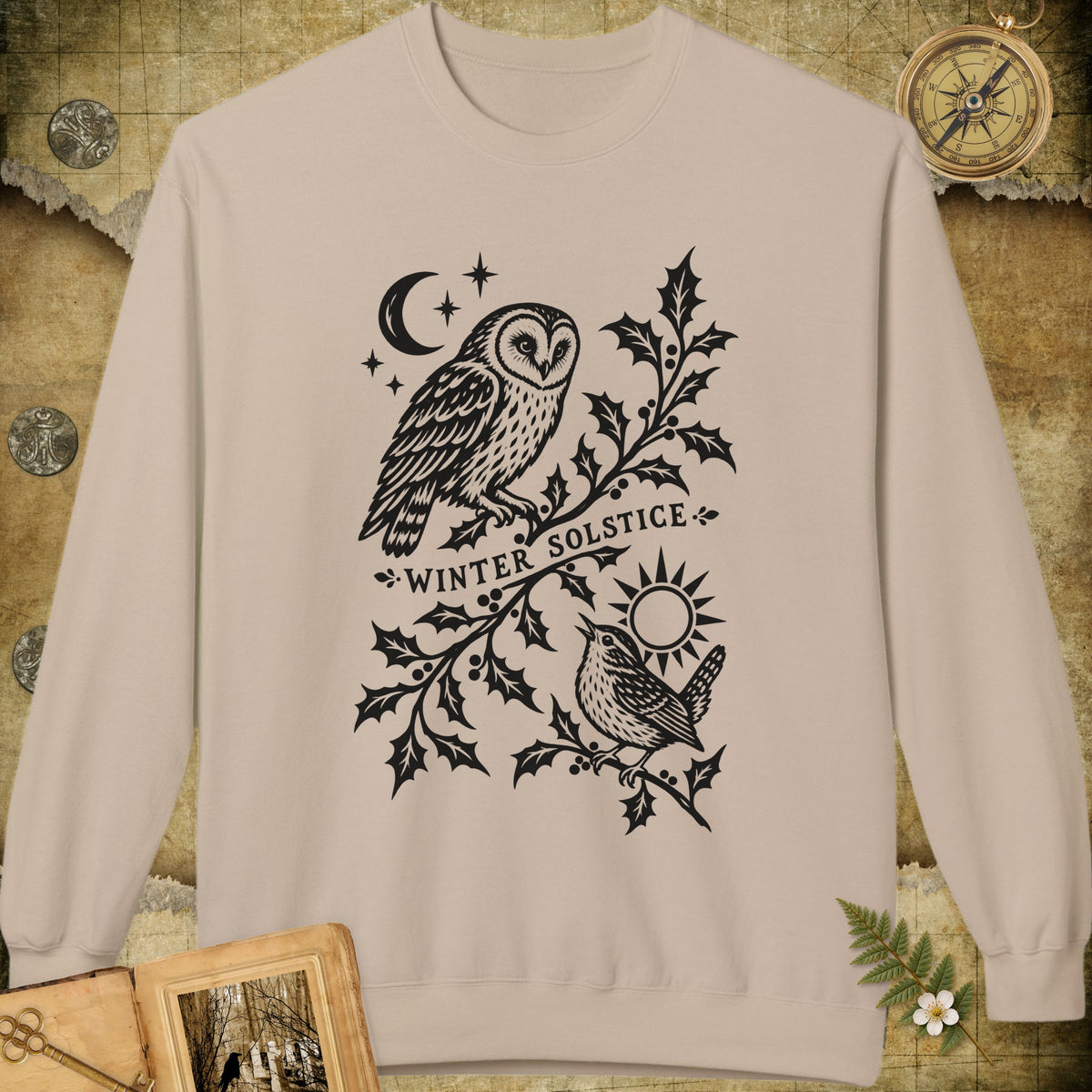 Winter Solstice Holly Linocut Emblem Sweatshirt - Sand