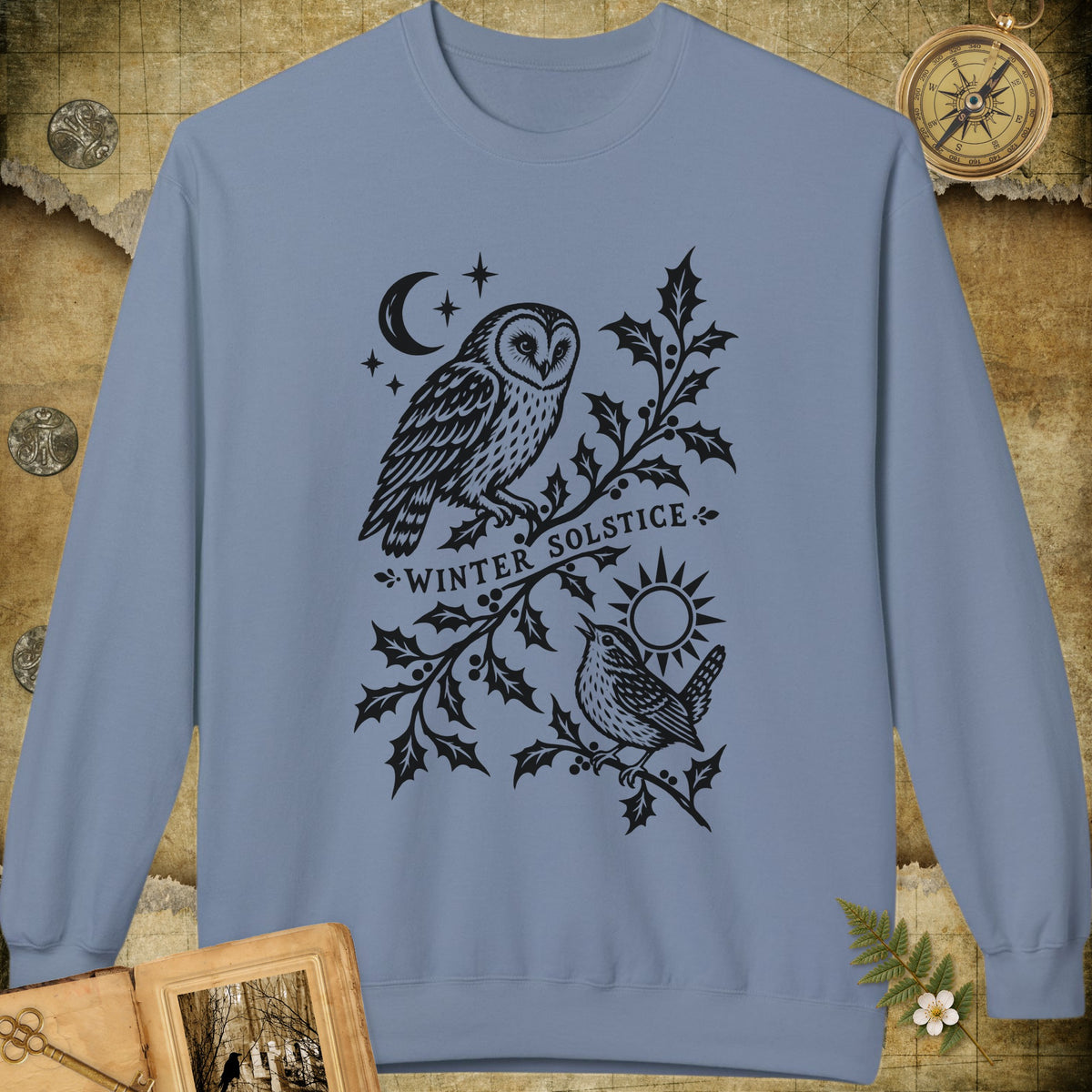 Winter Solstice Holly Linocut Emblem Sweatshirt - Stone Blue