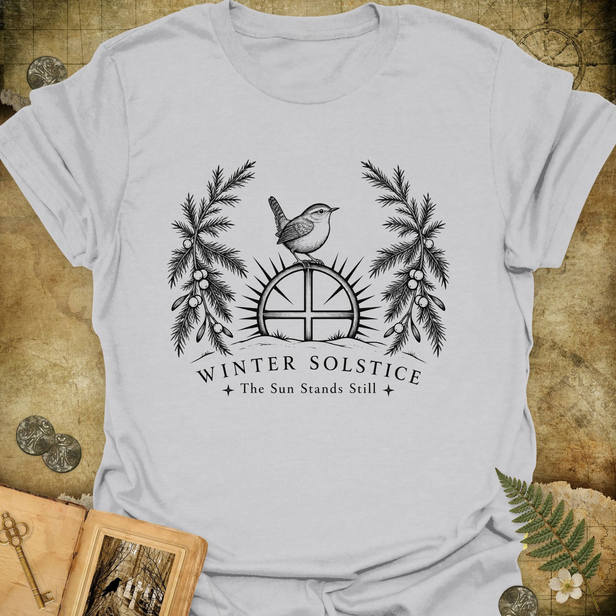 Winter Solstice Sunwheel Emblem T-Shirt - Ice Grey