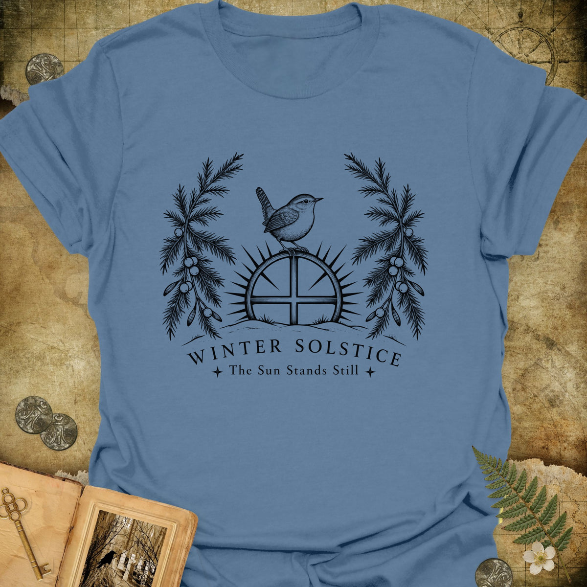 Winter Solstice Sunwheel Emblem T-Shirt - Indigo Blue