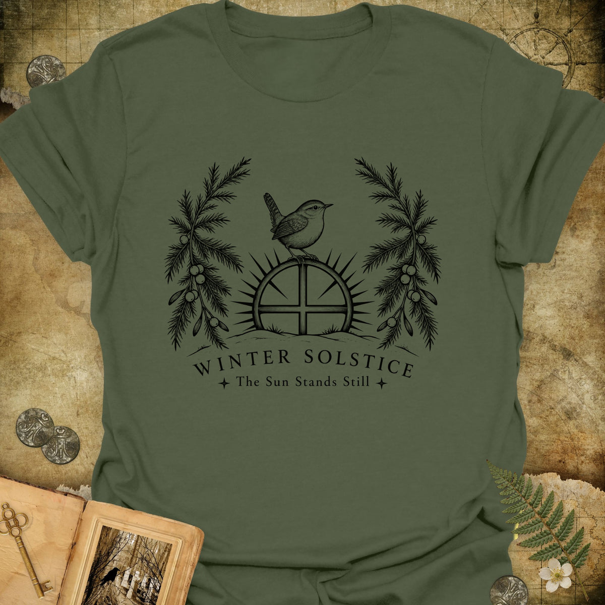 Winter Solstice Sunwheel Emblem T-Shirt - Military Green