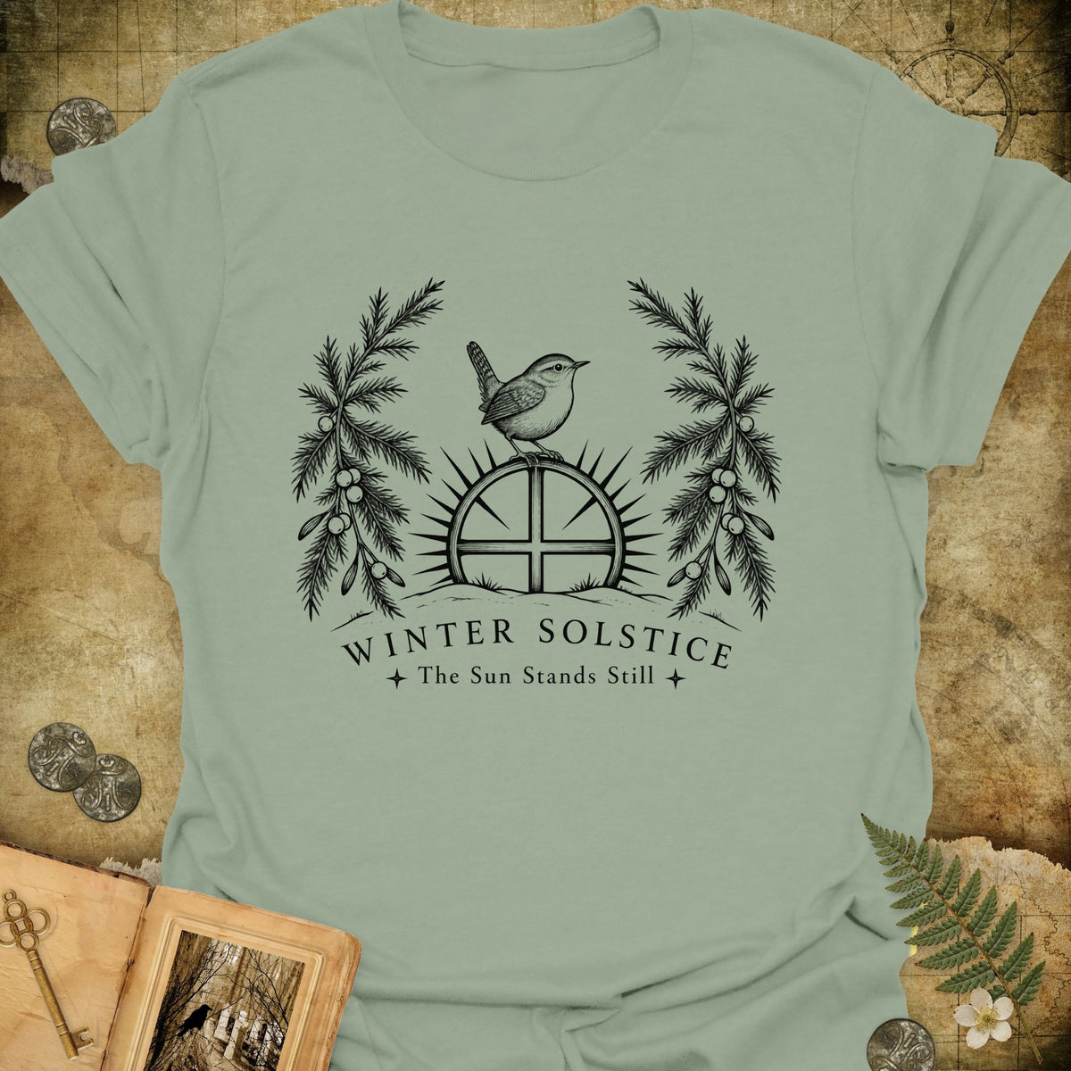 Winter Solstice Sunwheel Emblem T-Shirt - Sage