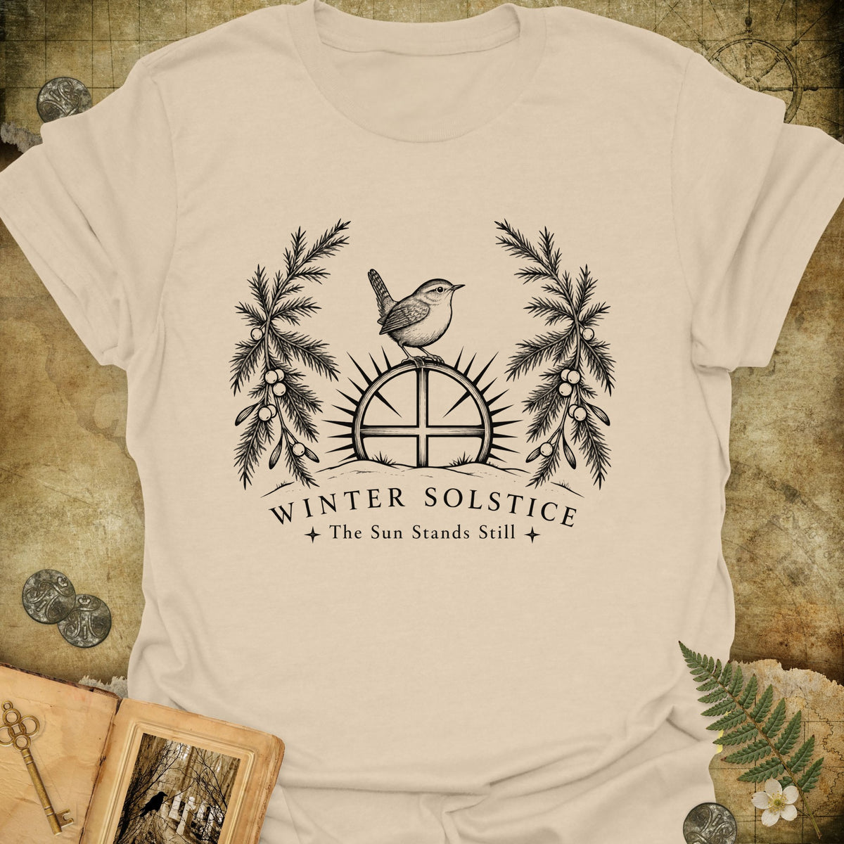 Winter Solstice Sunwheel Emblem T-Shirt - Sand