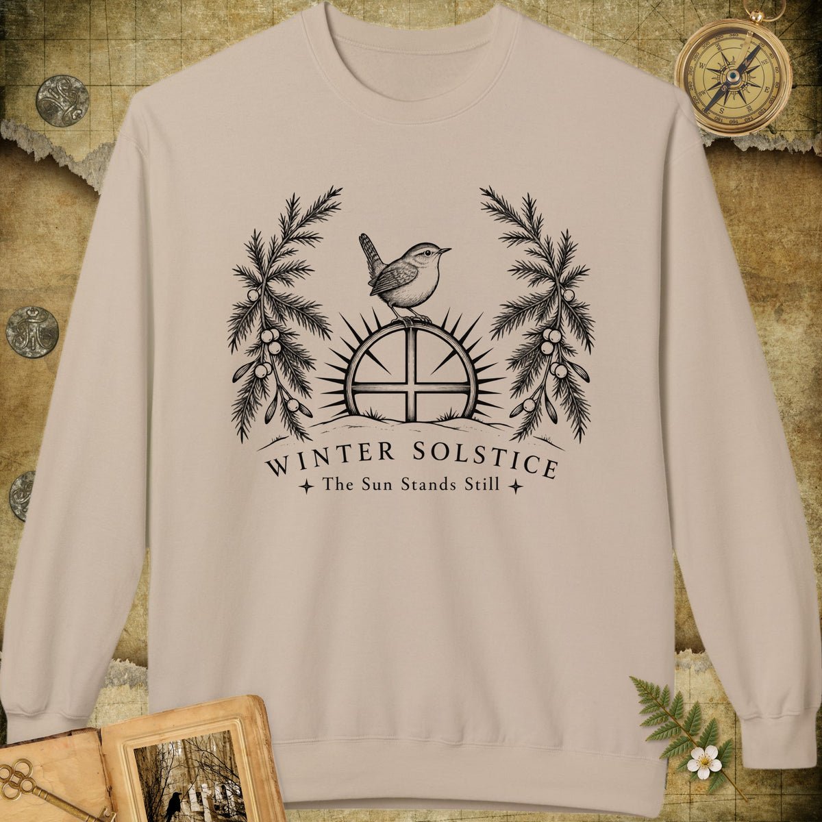 Winter Solstice Sunwheel Emblem Sweatshirt - Sand