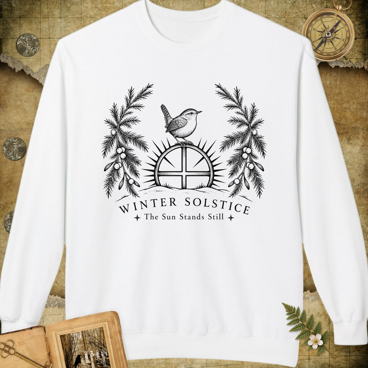 Winter Solstice Sunwheel Emblem Sweatshirt - White