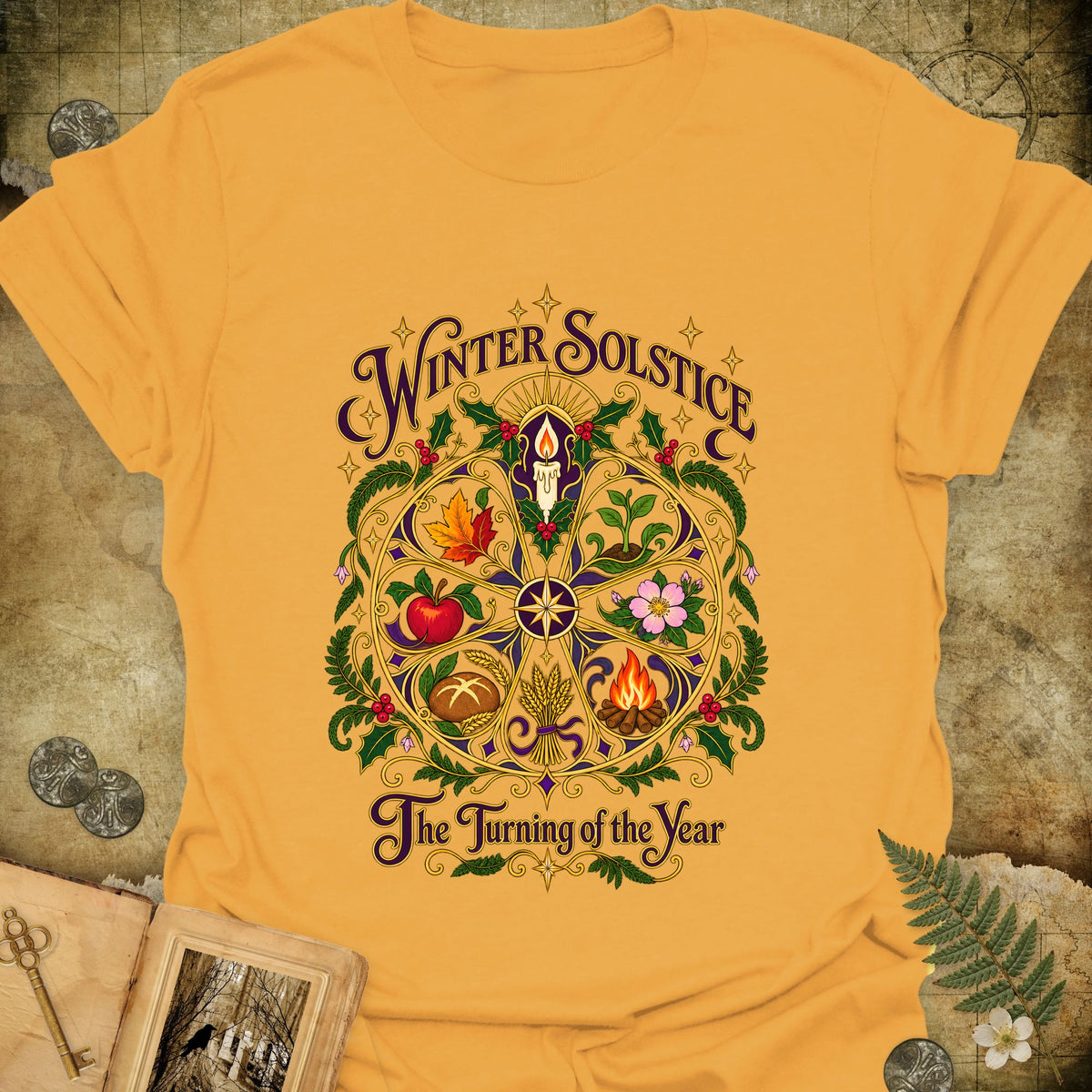Winter Solstice Wheel of the Year T-Shirt - Gold