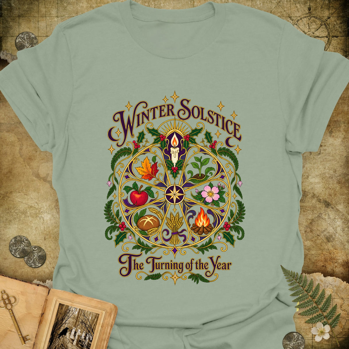 Winter Solstice Wheel of the Year T-Shirt - Sage