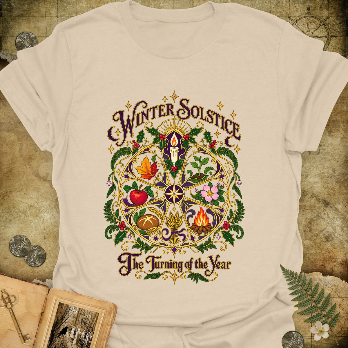 Winter Solstice Wheel of the Year T-Shirt - Sand