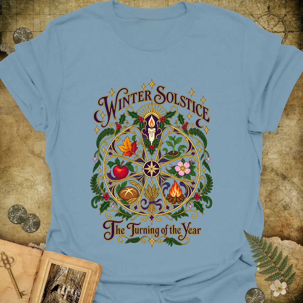 Winter Solstice Wheel of the Year T-Shirt - Stone Blue