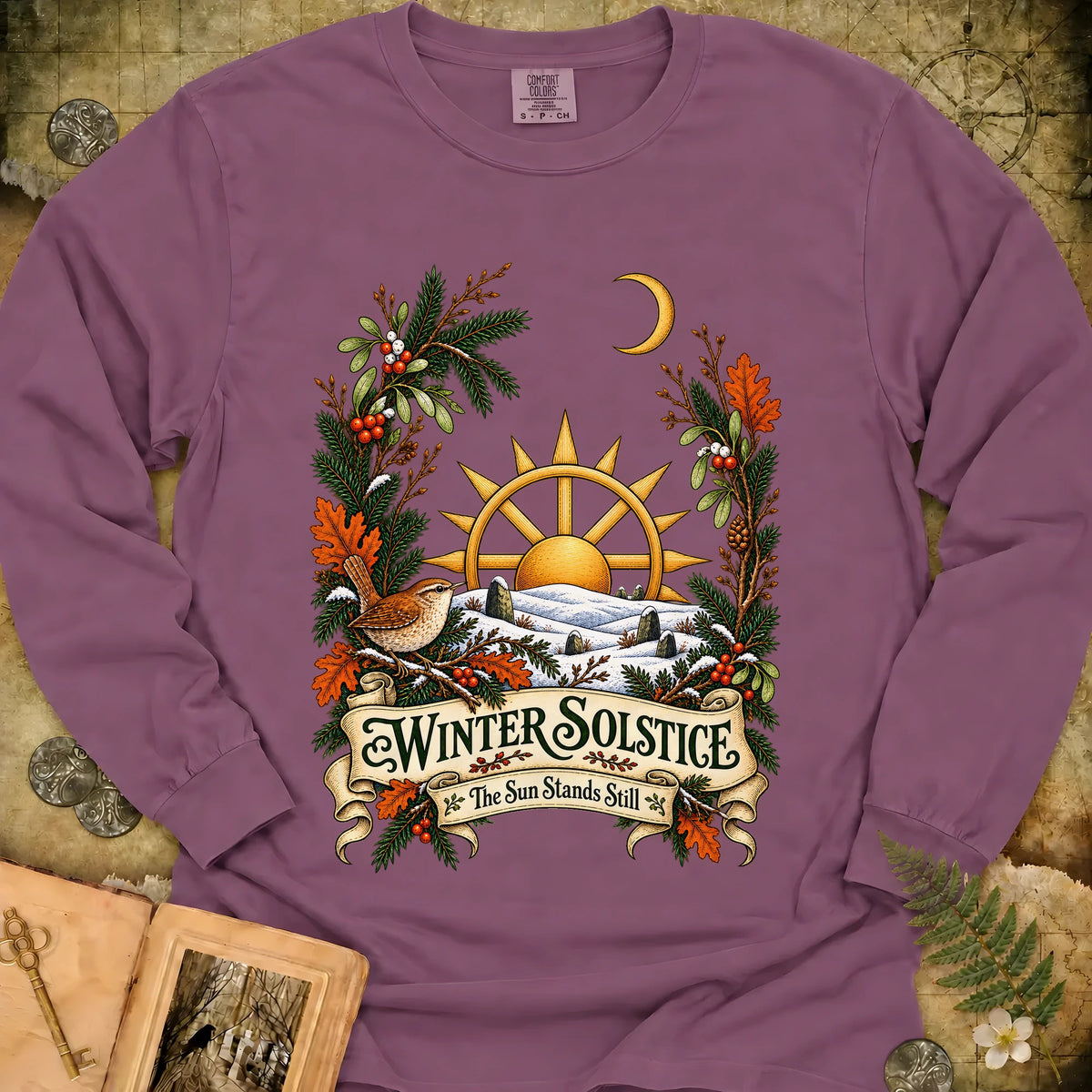 Winter Solstice Wren Crest Long Sleeve T-Shirt - Berry
