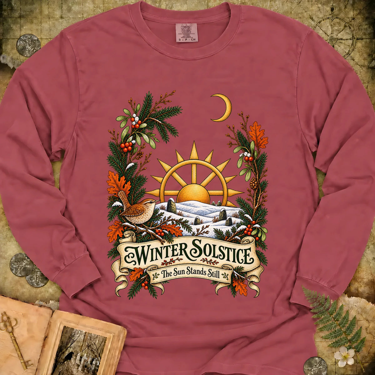 Winter Solstice Wren Crest Long Sleeve T-Shirt - Brick