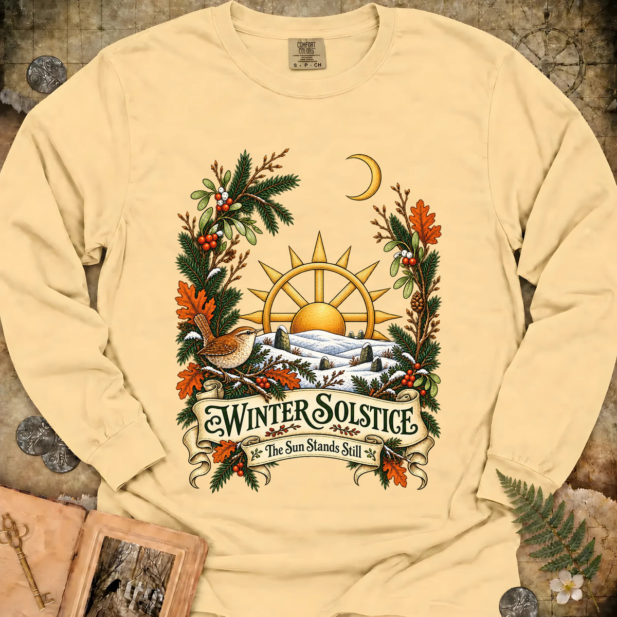 Winter Solstice Wren Crest Long Sleeve T-Shirt - Butter