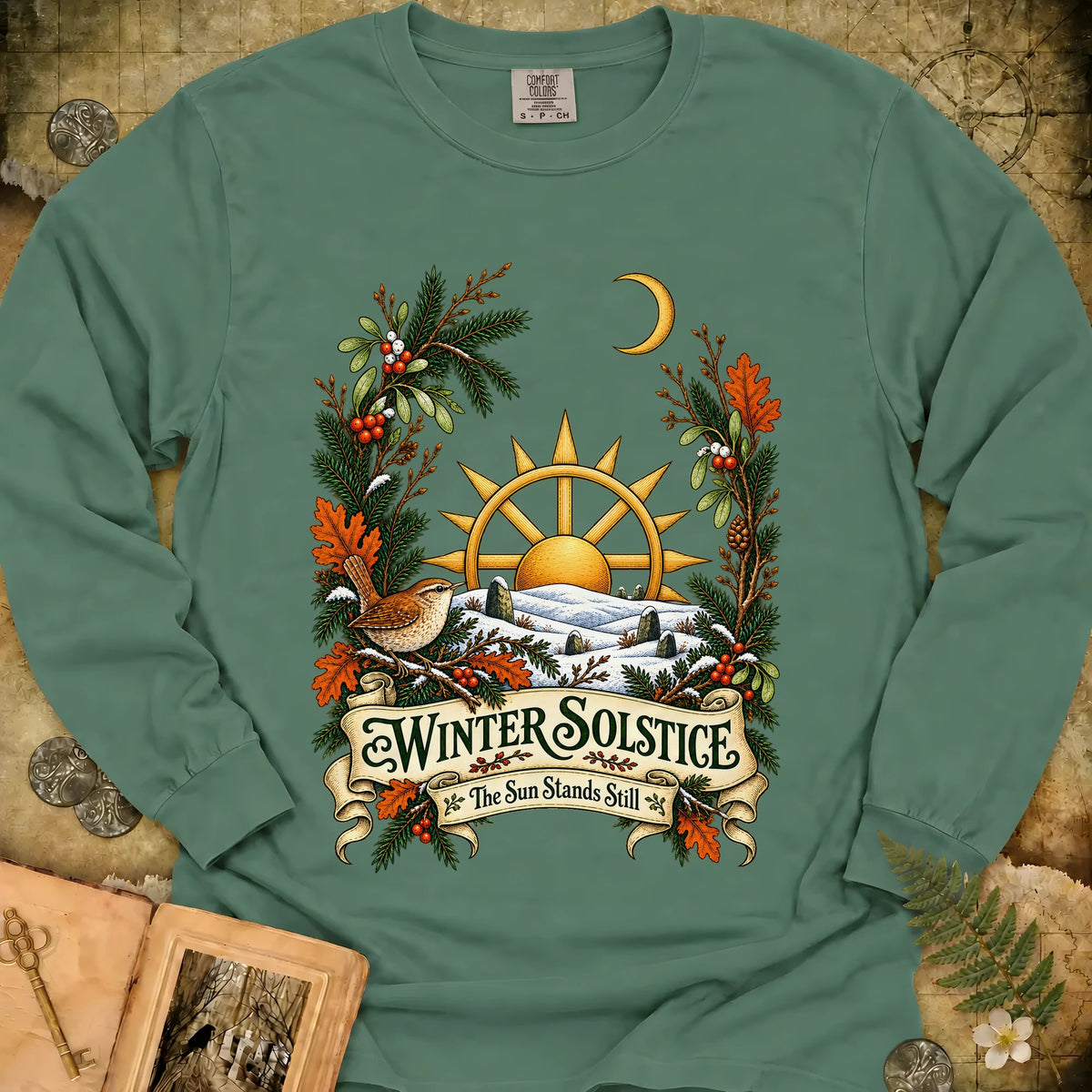 Winter Solstice Wren Crest Long Sleeve T-Shirt - Light Green