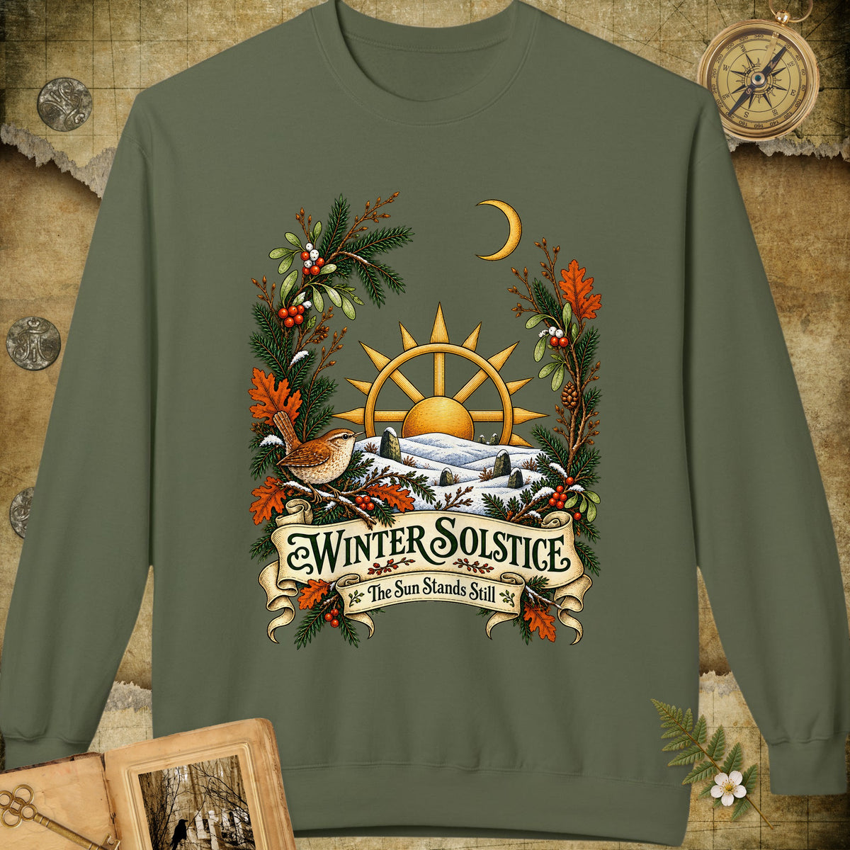 Winter Solstice Wren Crest Sweatshirt - Military Green