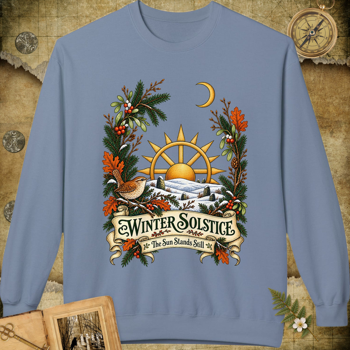 Winter Solstice Wren Crest Sweatshirt - Stone Blue