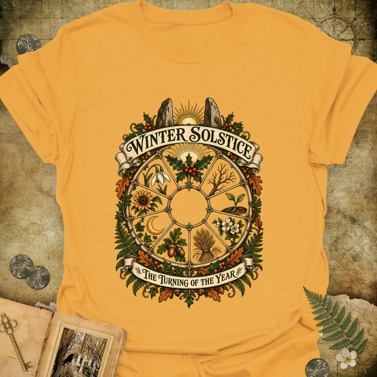 Winter Solstice Year Wheel Emblem T-Shirt - Gold