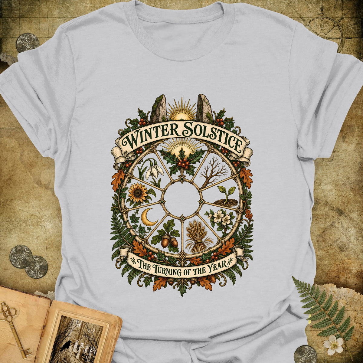 Winter Solstice Year Wheel Emblem T-Shirt - Ice Grey