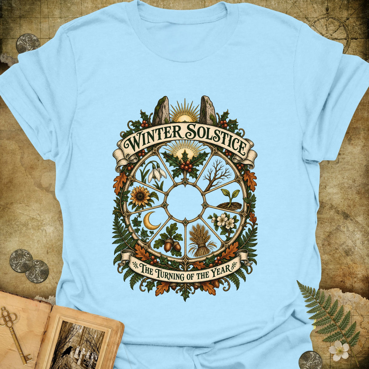 Winter Solstice Year Wheel Emblem T-Shirt - Light Blue
