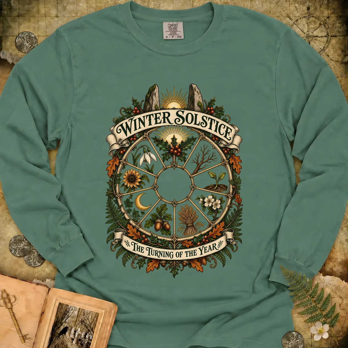 Winter Solstice Year Wheel Emblem Long Sleeve T-Shirt - Light Green