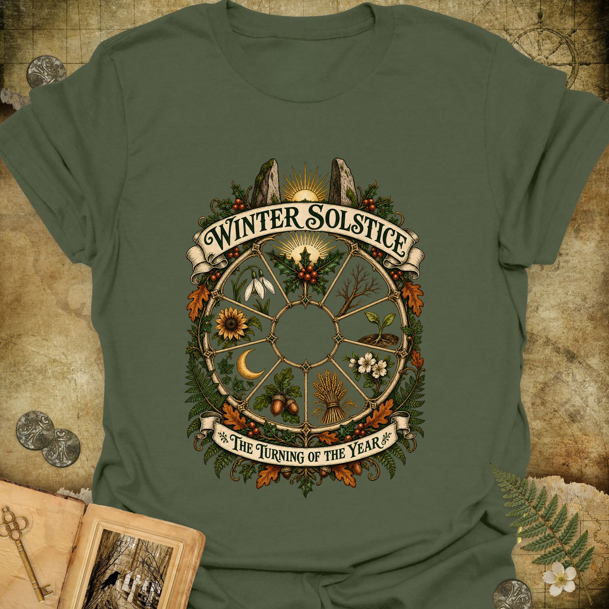 Winter Solstice Year Wheel Emblem T-Shirt - Military Green