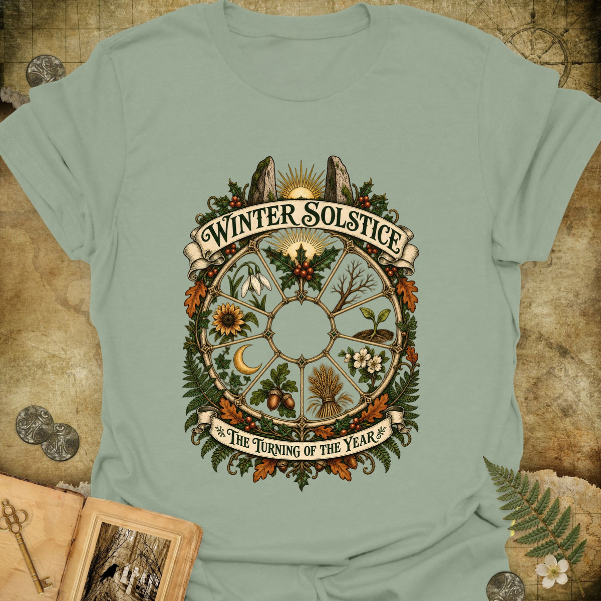 Winter Solstice Year Wheel Emblem T-Shirt - Sage