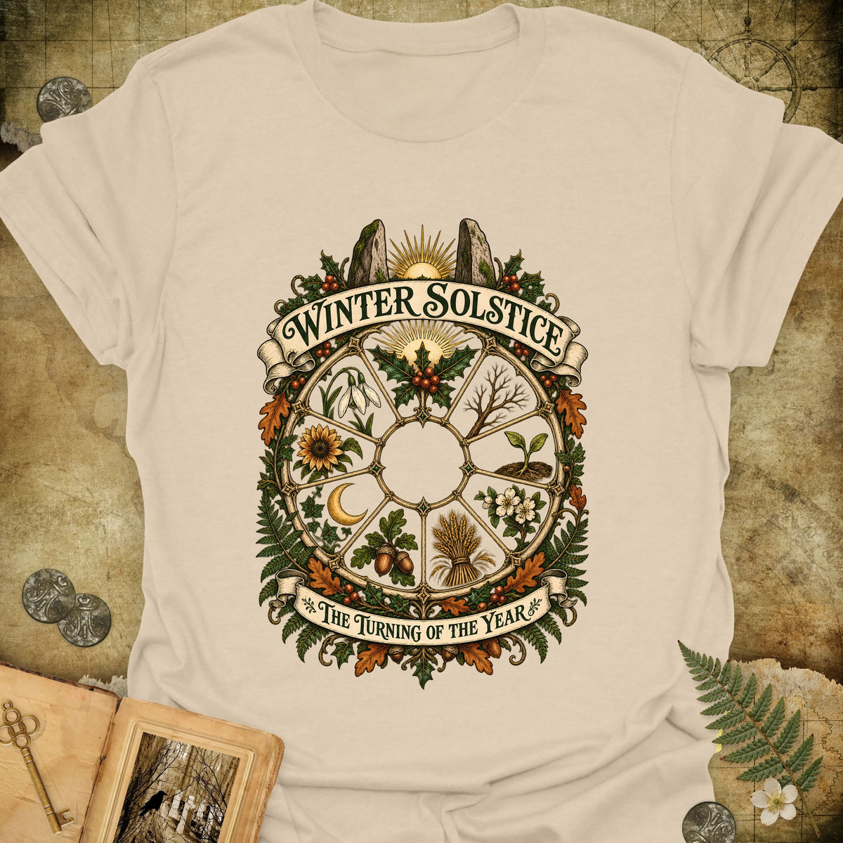 Winter Solstice Year Wheel Emblem T-Shirt - Sand