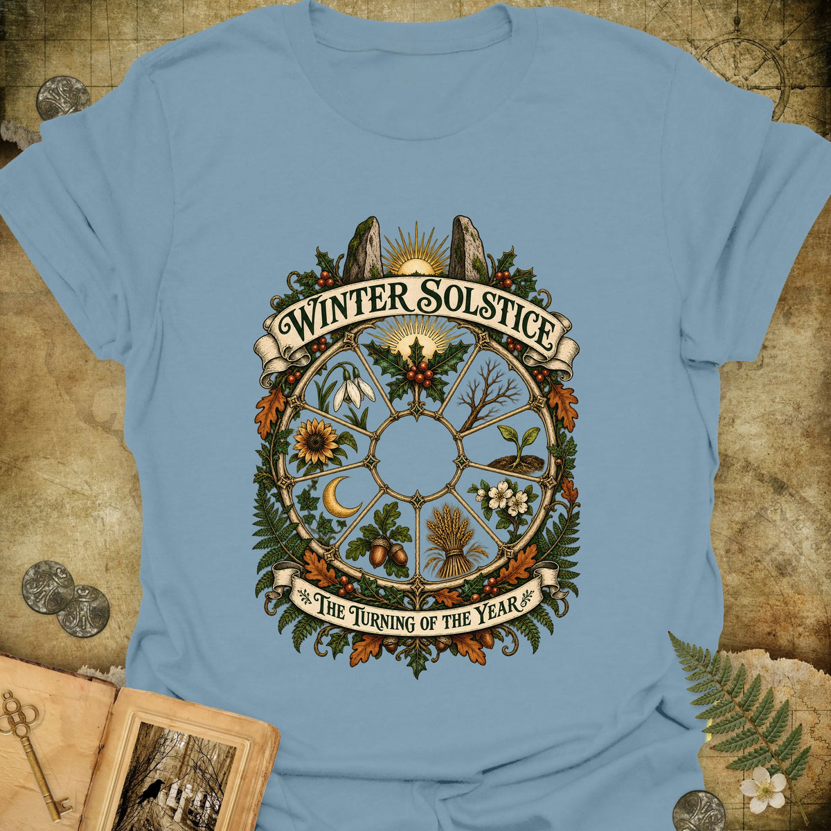 Winter Solstice Year Wheel Emblem T-Shirt - Stone Blue