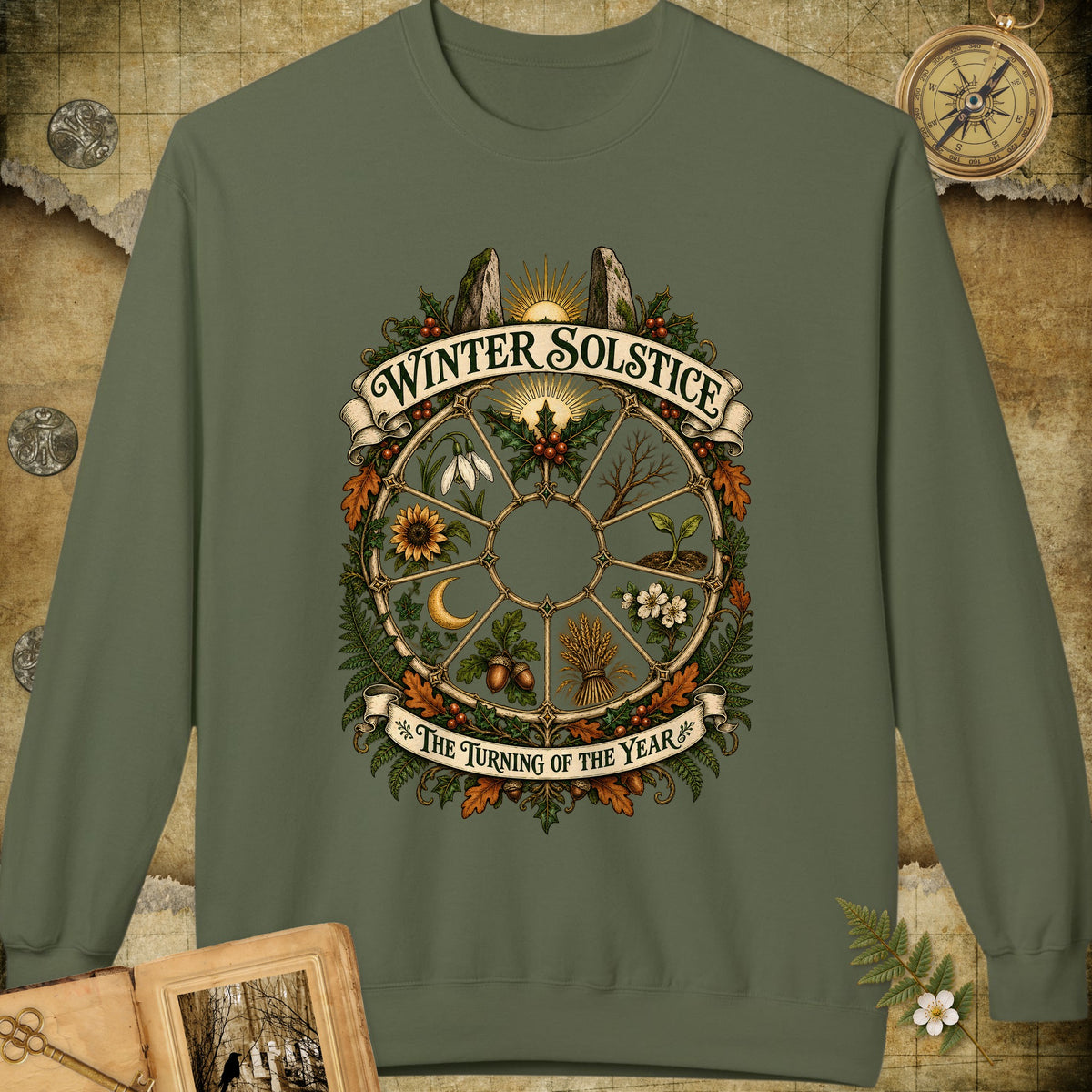Winter Solstice Year Wheel Emblem Sweatshirt - Military Green