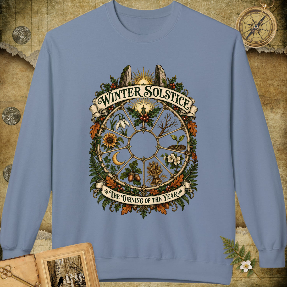 Winter Solstice Year Wheel Emblem Sweatshirt - Stone Blue